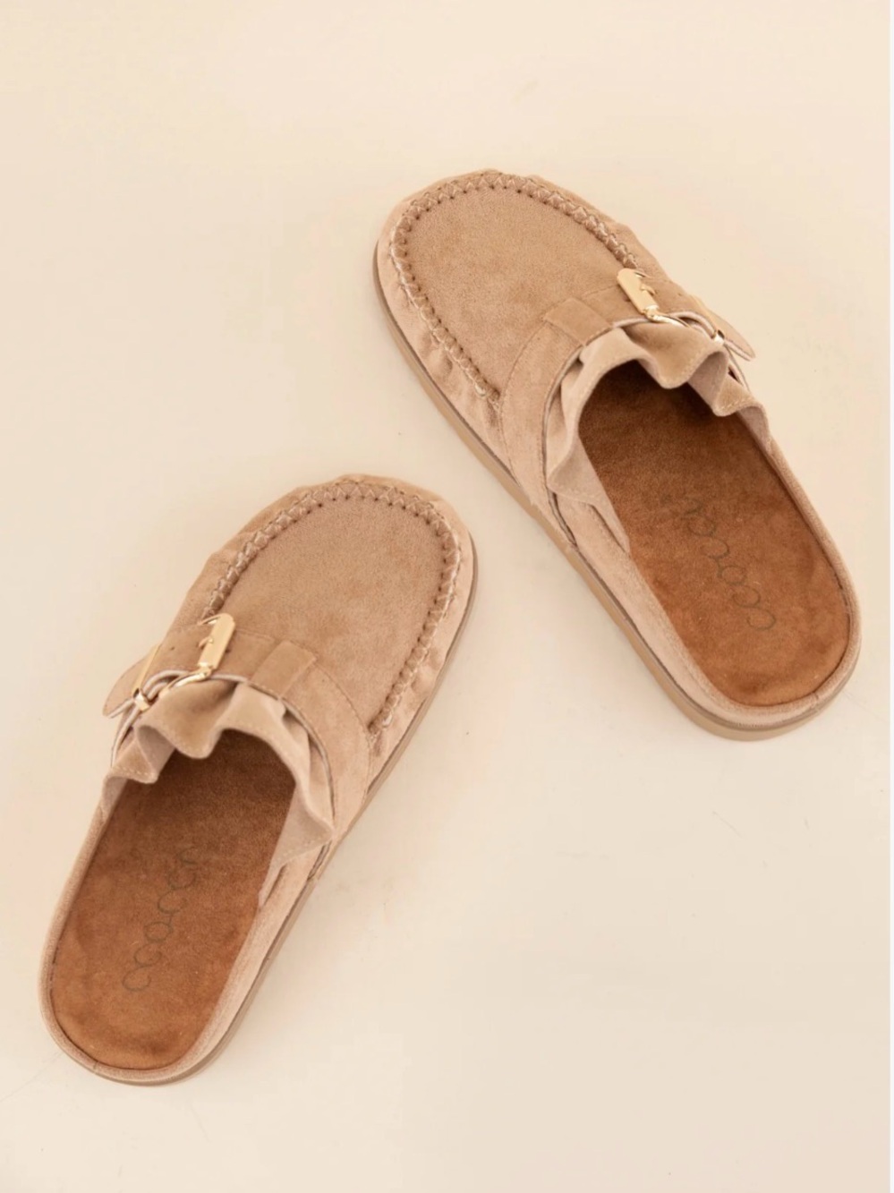 CCOCCI Effy Ruffle Suede Moccasin Mules Taupe Slip On Clogs Buckle Sz 36